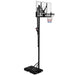 Adjustable basketball stand with clear backboard, height markings, and wheeled base
