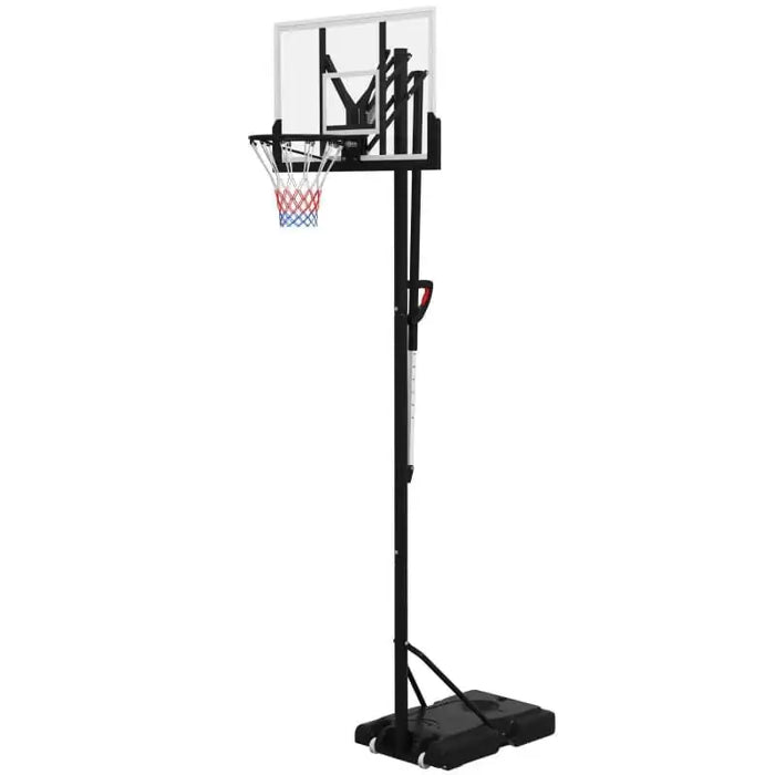 Adjustable basketball stand with clear backboard, hoop, and black wheeled base