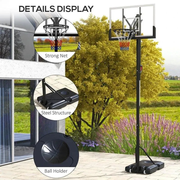 Adjustable outdoor basketball hoop with steel structure, strong net, and ball holder on patio