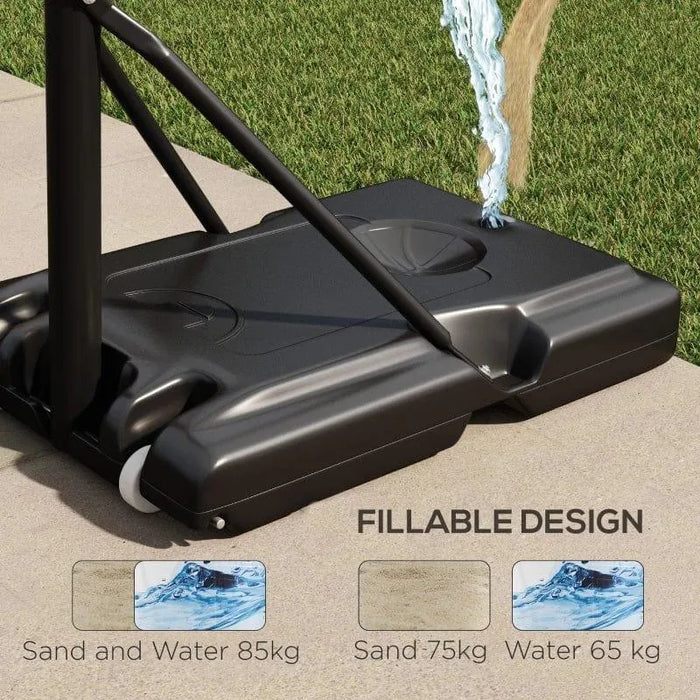 Basketball stand base with water filling on grass, fillable design, sand and water capacity info