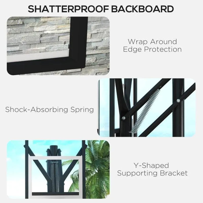 Basketball stand features shatterproof backboard, shock-absorbing spring, Y-shaped bracket.