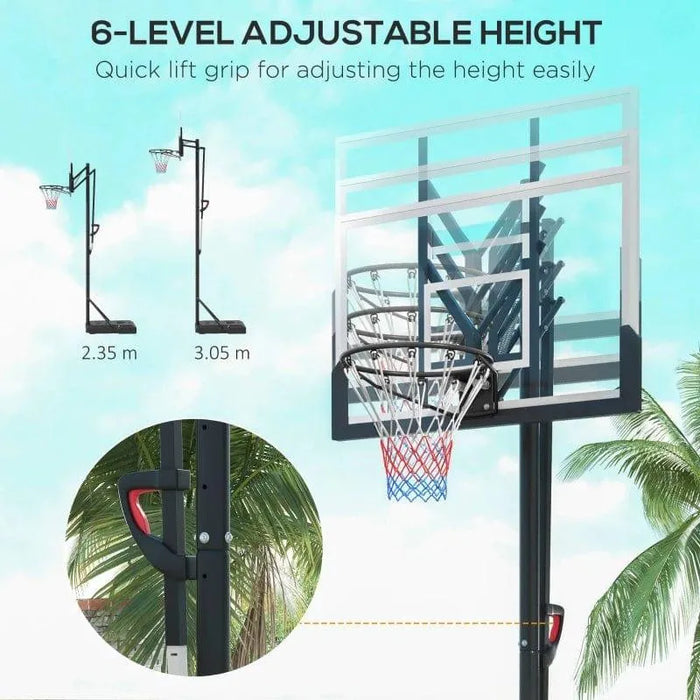 Adjustable height basketball stand with clear backboard, tropical background, 2.35m to 3.05m range