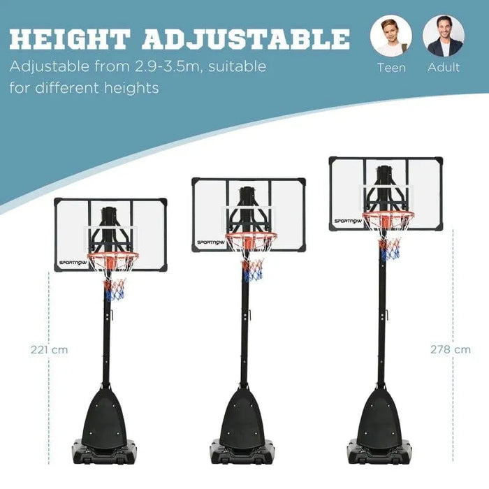 Height adjustable basketball stand from 221cm to 278cm with clear backboard.
