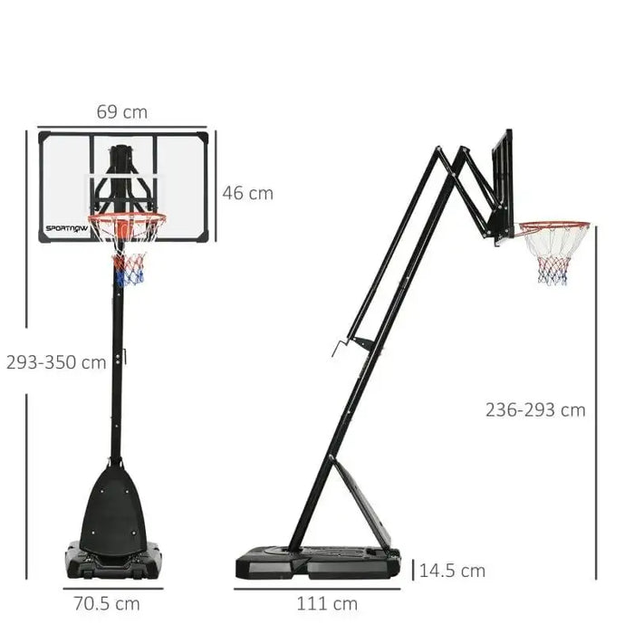 Adjustable basketball stand with measurements, black base, glass backboard, and rebounder support