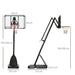 Adjustable basketball stand with measurements, black base, glass backboard, and rebounder support