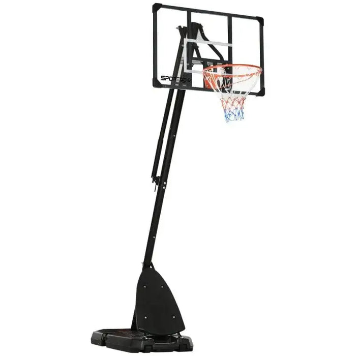 Adjustable portable basketball hoop stand with inclined rebounder and clear backboard.