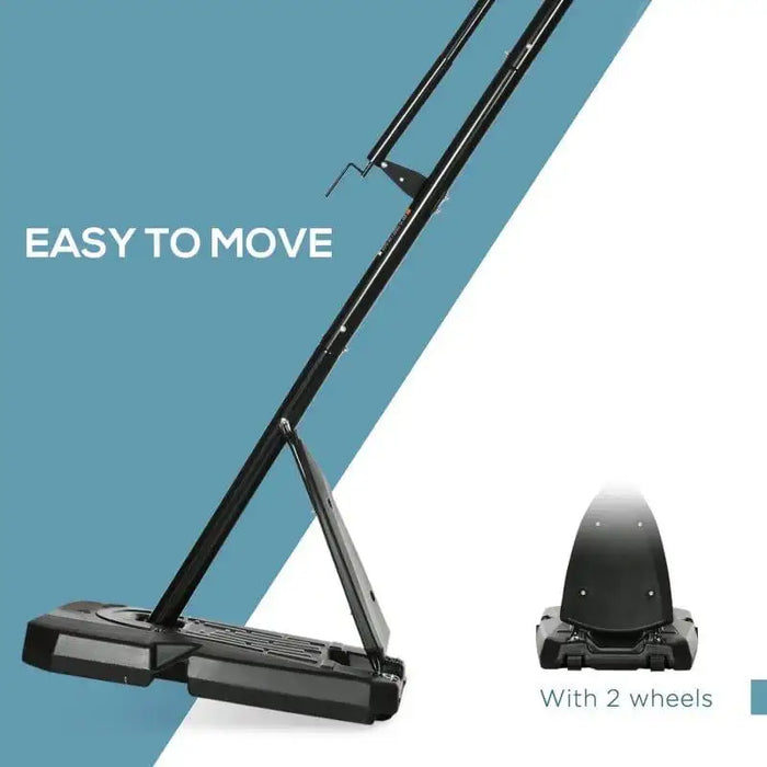 Adjustable basketball stand with wheels and inclined base, easy to move design