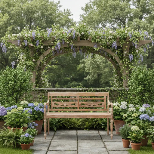 Teak wood garden bench under floral pergola with blue and white hydrangeas in green outdoor setting