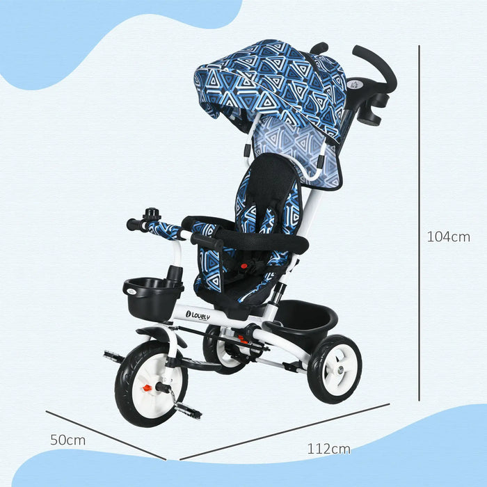Children's tricycle with blue geometric-patterned seat on a light blue background
