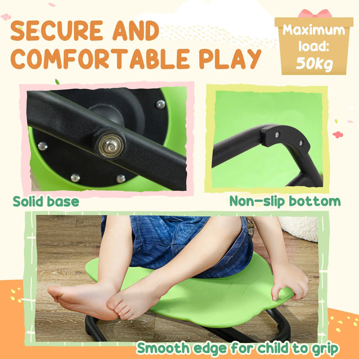 Children's balance board with text highlighting features like solid base, non-slip bottom, and smooth edge for child to grip.