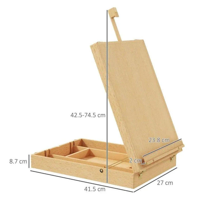 Beechwood adjustable tabletop easel box with storage compartments and dimension labels.