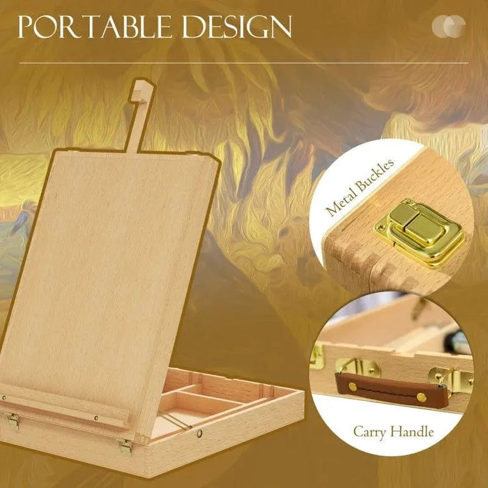 Beechwood tabletop easel box with adjustable angle, metal buckles, and carry handle