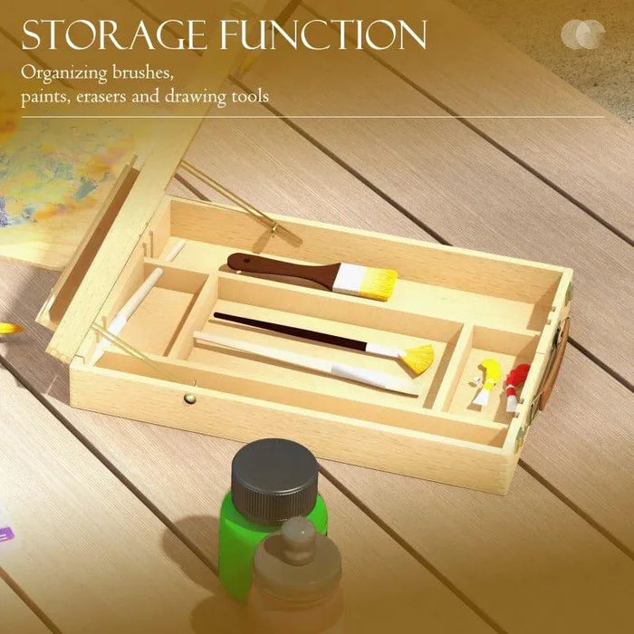 Beechwood tabletop easel box with adjustable angle and 5 compartments for art supplies on wood surface