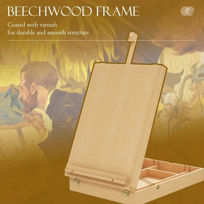 Beechwood table top easel box with adjustable angle and storage compartments