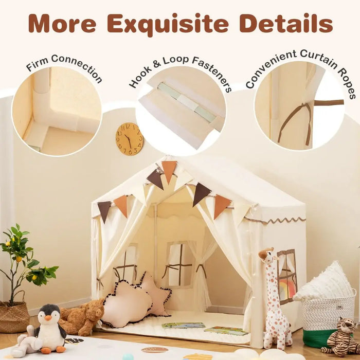 Beige Dual-Entry Kids Play Tent – Two-Door Design | Star Lights and Mat COSTWAY - Little and Giant Explorers Costway