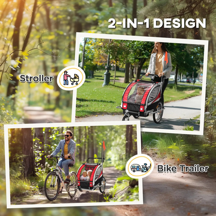 Bicycle Trailer | 360° Rotatable for 2 Kids with Hitch in Red - Little and Giant Explorers HOMCOM