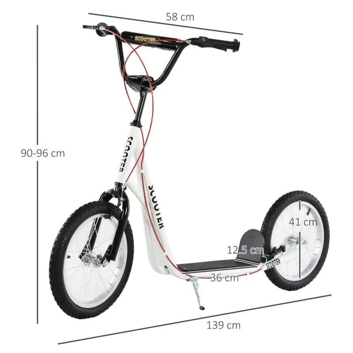 White kids scooter with adjustable height, dual brakes, large inflatable wheels, and size labels