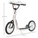 White kids scooter with adjustable height, dual brakes, large inflatable wheels, and size labels
