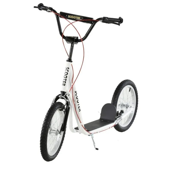 White kids scooter with big wheels, adjustable handlebar, dual brakes, inflatable tires