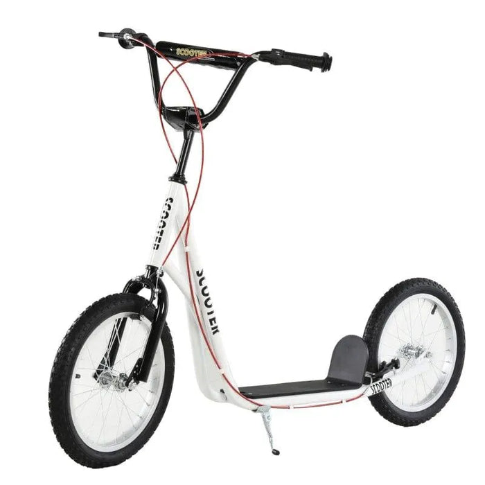 White kids' big wheel scooter with adjustable handlebar, dual brakes, and inflatable tires