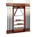 Wooden pool cue rack with pool balls and triangle on a white background