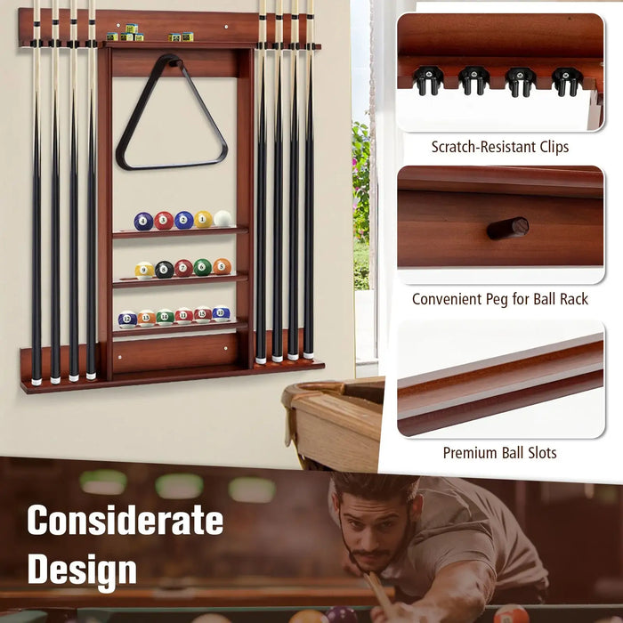 Wooden pool cue rack with billiard balls and accessories, featuring scratch-resistant clips and premium ball slots.
