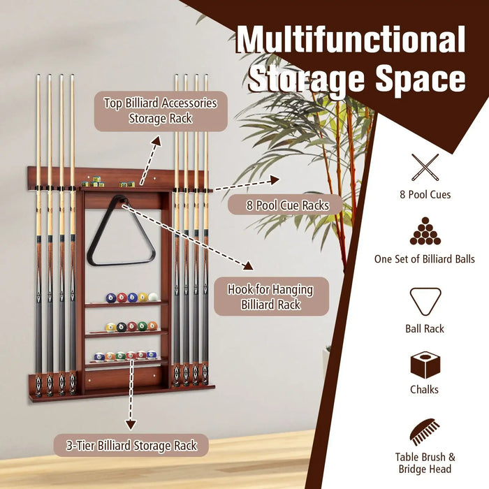 Multifunctional storage space for pool cues and accessories with labeled components.