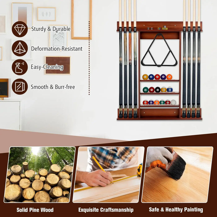 Wooden pool cue rack with pool cues and balls, featuring solid pine wood and craftsmanship details.