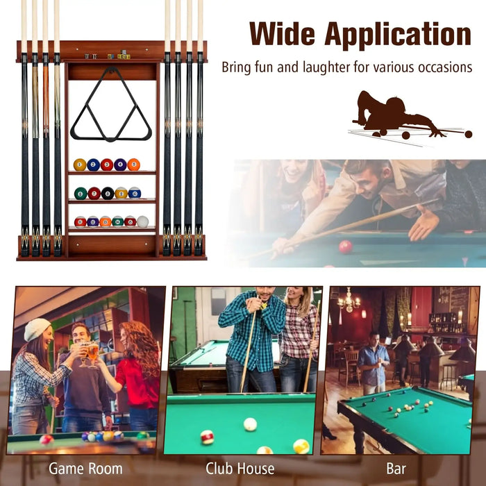 Pool cue rack with pool balls and cues, shown in various settings like game room, club house, and bar.