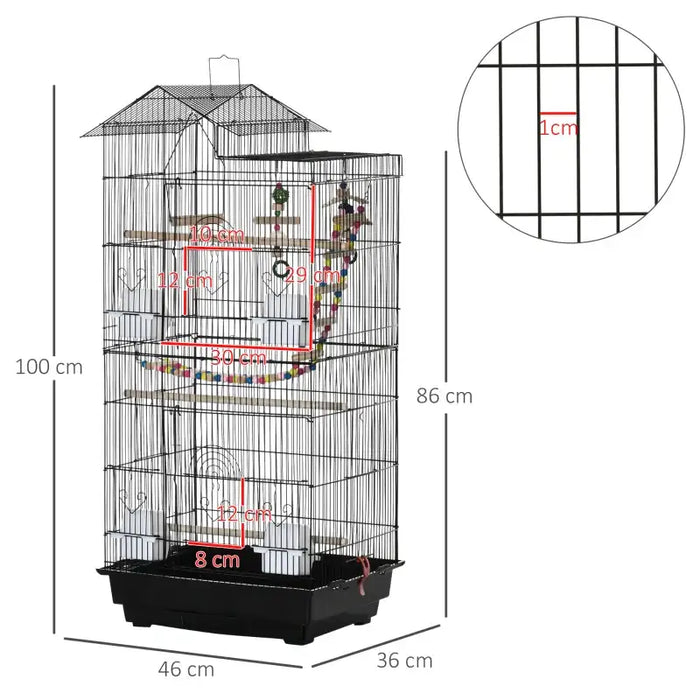 Bird Cage – Black | Tall Budgie and Finch Aviary - Swing, Ladder, Perches and Toys PAWHUT - Little and Giant Explorers PawHut