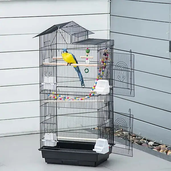 Bird Cage – Black | Tall Budgie and Finch Aviary - Swing, Ladder, Perches and Toys PAWHUT - Little and Giant Explorers PawHut