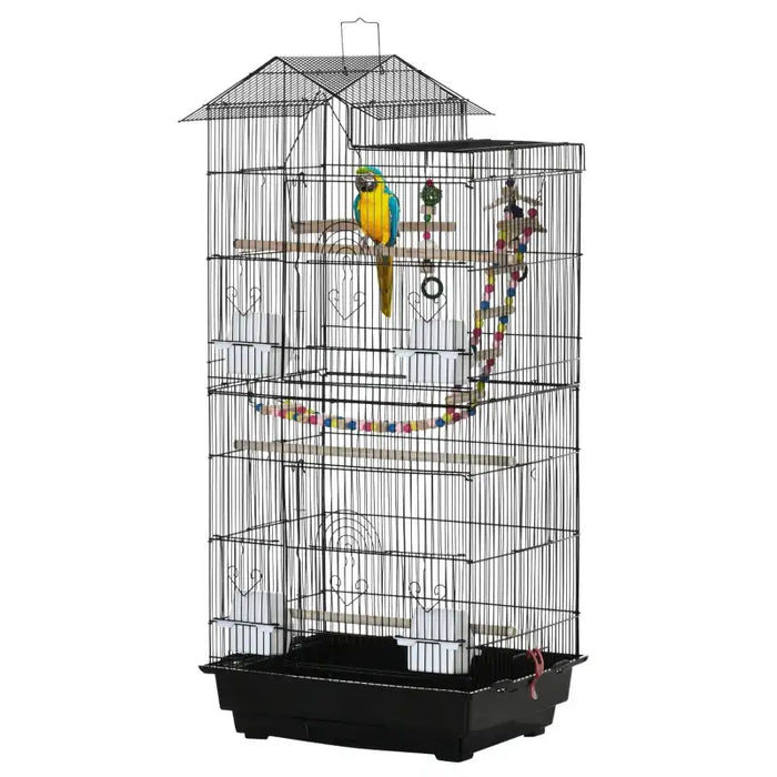Bird Cage – Black | Tall Budgie and Finch Aviary - Swing, Ladder, Perches and Toys PAWHUT - Little and Giant Explorers PawHut