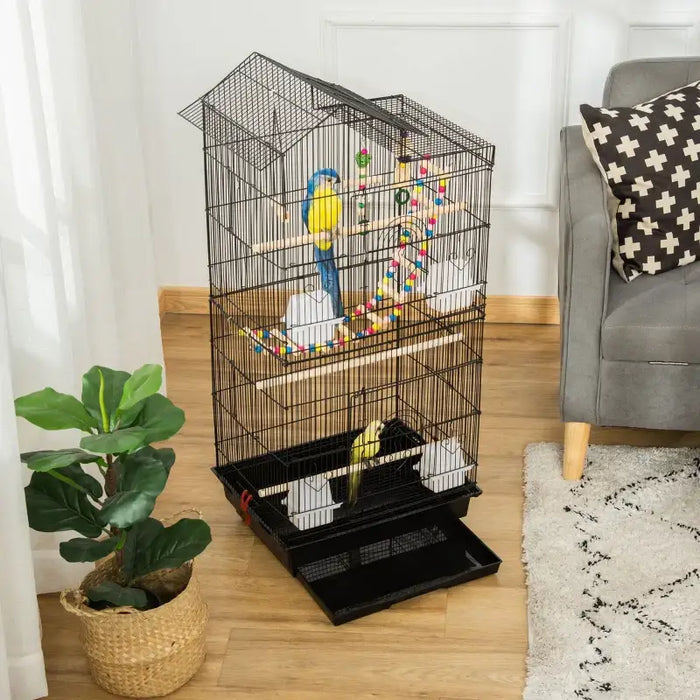 Bird Cage – Black | Tall Budgie and Finch Aviary - Swing, Ladder, Perches and Toys PAWHUT - Little and Giant Explorers PawHut