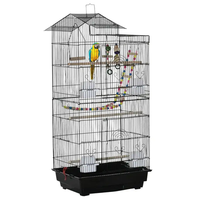 Bird Cage – Black | Tall Budgie and Finch Aviary - Swing, Ladder, Perches and Toys PAWHUT - Little and Giant Explorers PawHut