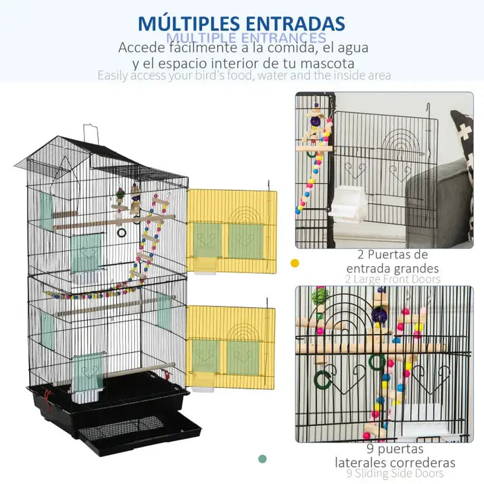Bird Cage – Black | Tall Budgie and Finch Aviary - Swing, Ladder, Perches and Toys PAWHUT - Little and Giant Explorers PawHut