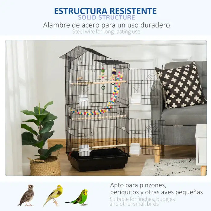 Bird Cage – Black | Tall Budgie and Finch Aviary - Swing, Ladder, Perches and Toys PAWHUT - Little and Giant Explorers PawHut
