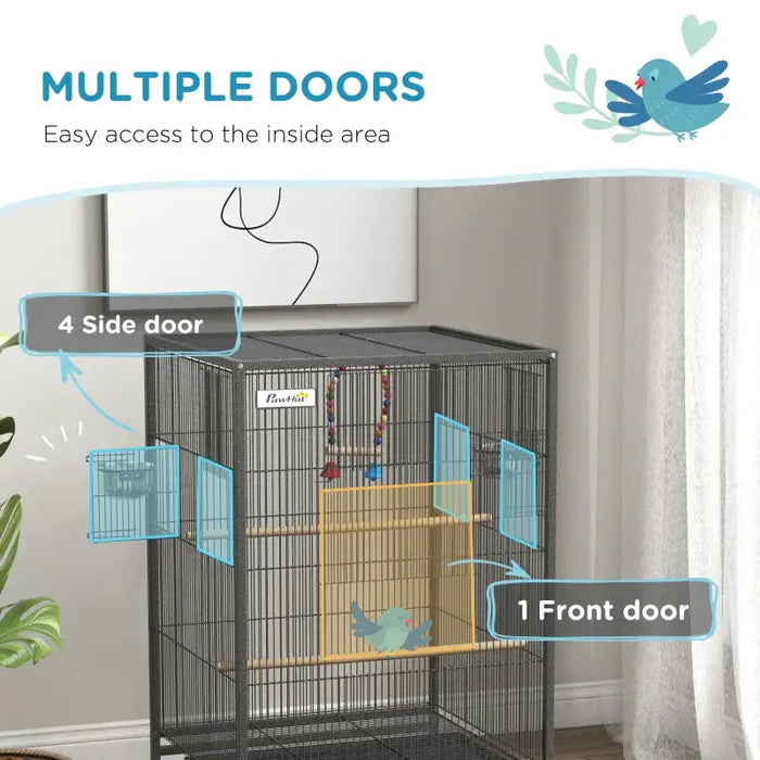 Bird Cage – Grey | Spacious Parrot and Budgie Aviary - Mobile with Wheels PAWHUT - Little and Giant Explorers PawHut