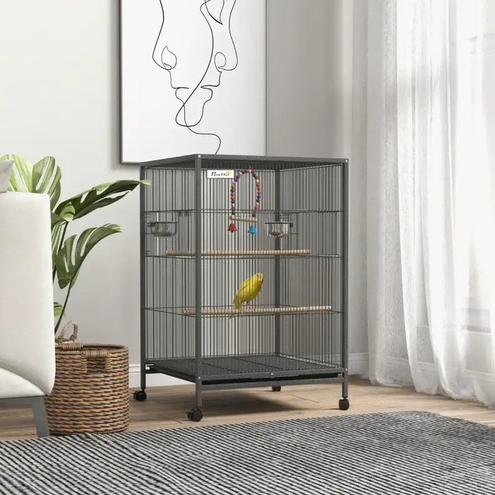Bird Cage – Grey | Spacious Parrot and Budgie Aviary - Mobile with Wheels PAWHUT - Little and Giant Explorers PawHut