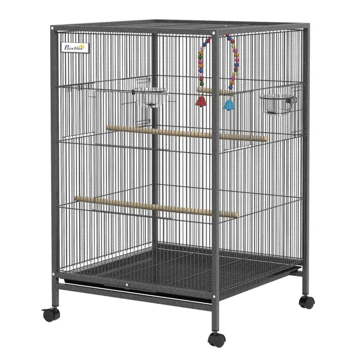 Bird Cage – Grey | Spacious Parrot and Budgie Aviary - Mobile with Wheels PAWHUT - Little and Giant Explorers PawHut