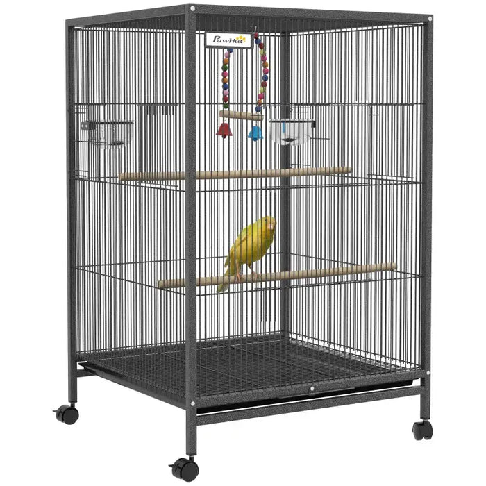 Bird Cage – Grey | Spacious Parrot and Budgie Aviary - Mobile with Wheels PAWHUT - Little and Giant Explorers PawHut