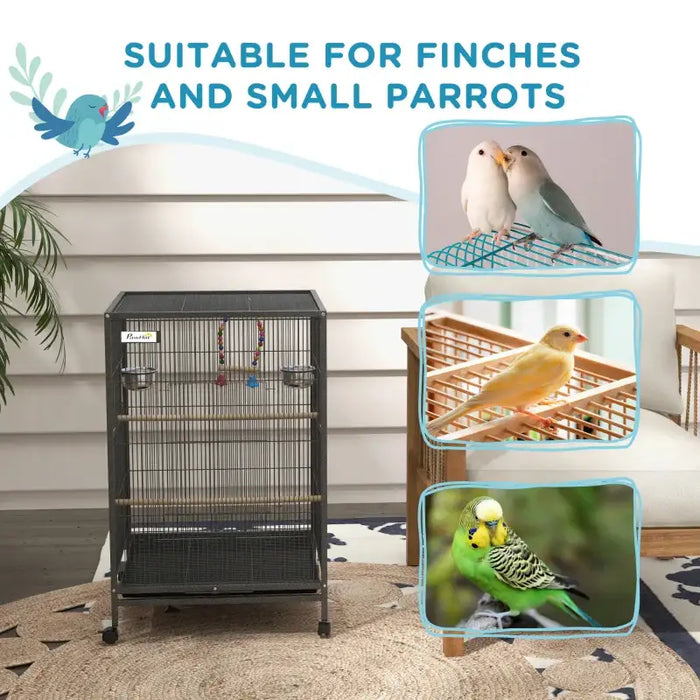 Bird Cage – Grey | Spacious Parrot and Budgie Aviary - Mobile with Wheels PAWHUT - Little and Giant Explorers PawHut