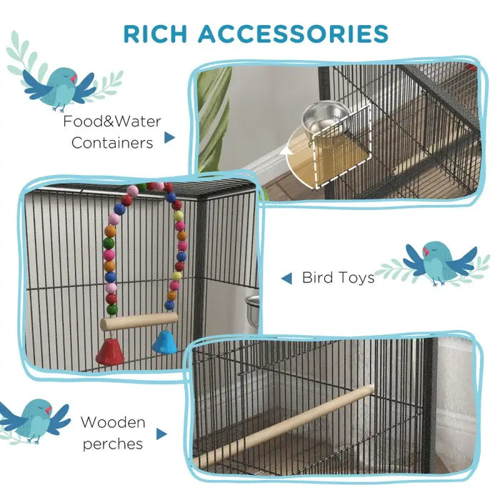 Bird Cage – Grey | Spacious Parrot and Budgie Aviary - Mobile with Wheels PAWHUT - Little and Giant Explorers PawHut