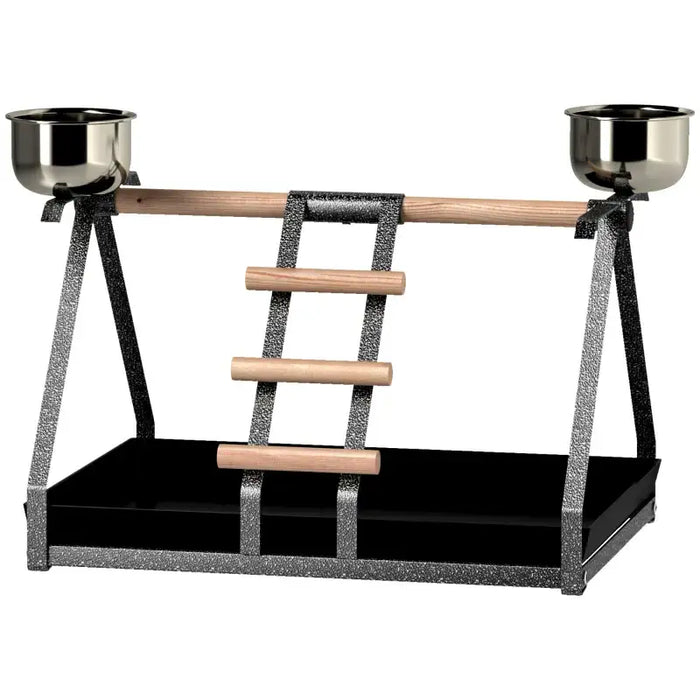Bird Stand – Stainless Steel Base | Wooden Perch, Ladder and 2 Feeding Bowls PAWHUT - Little and Giant Explorers PawHut