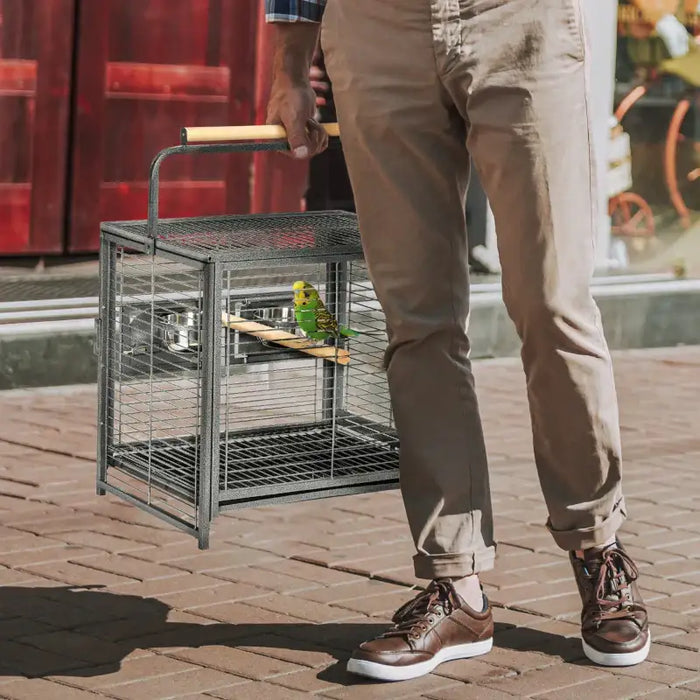 Bird Travel Cage – Portable Steel | Parrot Cage - Handle, Perches and Feeding Bowls PAWHUT - Little and Giant Explorers PawHut