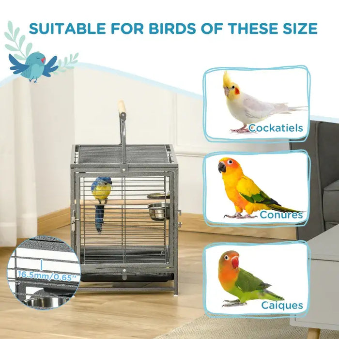 Bird Travel Cage – Portable Steel | Parrot Cage - Handle, Perches and Feeding Bowls PAWHUT - Little and Giant Explorers PawHut