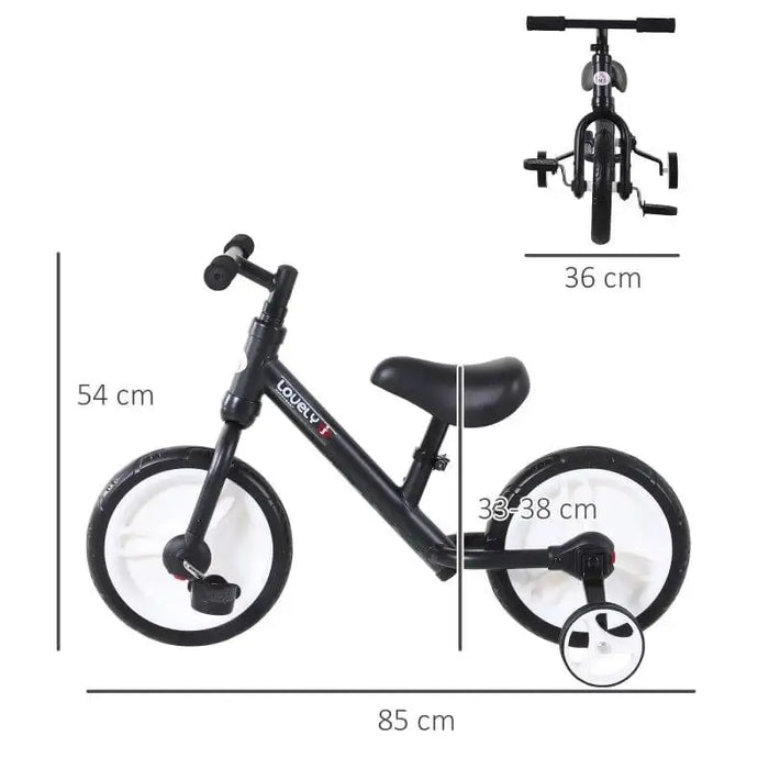 A black Balance Training Bike with Removable Stabilisers with white wheels is shown from the side and front. The measurements are labeled: 54 cm height, 85 cm length, 36 cm handlebar width, and 33-38 cm adjustable seat height. The brand name "HOMCOM" is visible on the frame.