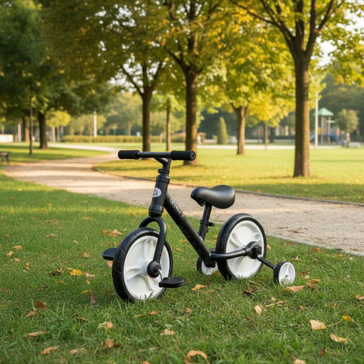 A small black HOMCOM Balance Training Bike with Removable Stabilisers with training wheels, white spokes, and an adjustable height seat. The bike features a padded seat, handle grips, and foot pedals attached to the front wheel.