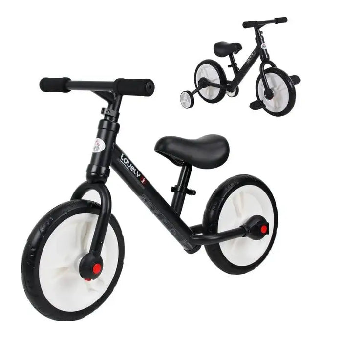 A black **Balance Training Bike with Removable Stabilisers** by **HOMCOM** is shown in two views. The main view displays the bike with its large, white wheels and black handlebars. The inset image in the top-right corner shows the bike with an adjustable height seat and additional training wheels attached.