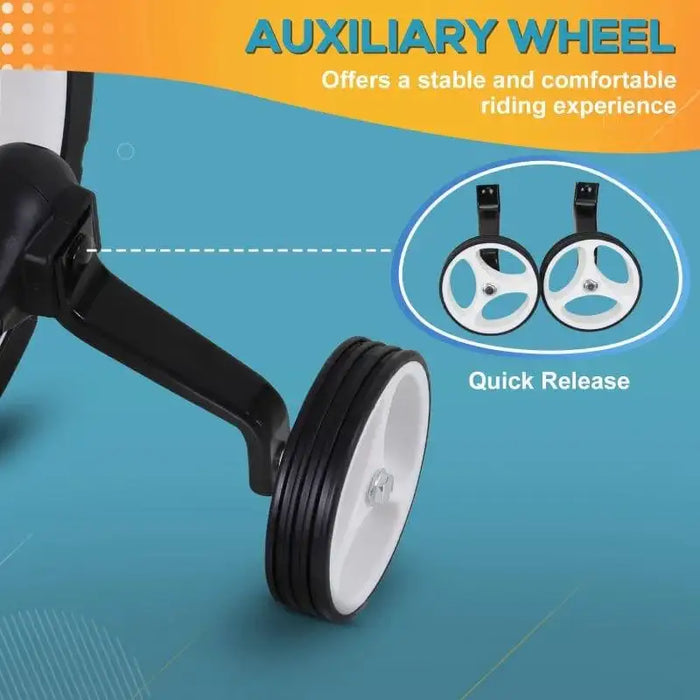 A close-up image of an auxiliary wheel attached to a HOMCOM Balance Training Bike with Removable Stabilisers. The text on the image reads "AUXILIARY WHEEL - Offers a stable and comfortable riding experience." An inset shows two auxiliary wheels with "Quick Release" written beside them.