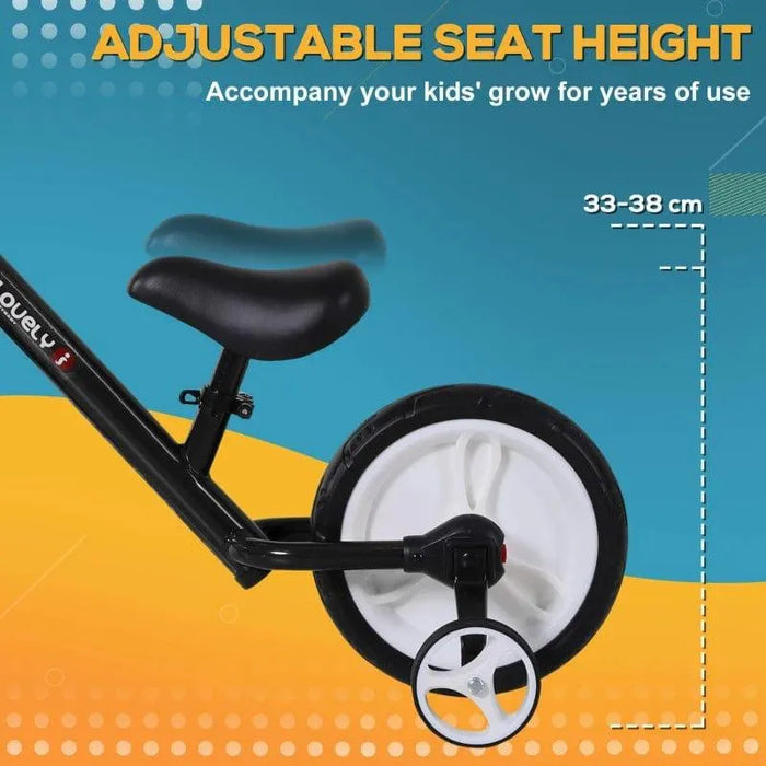 A Balance Training Bike with Removable Stabilisers’ adjustable seat height feature (33-38 cm) is highlighted. The background is blue and yellow, and the text reads, "Accompany your kids' growth for years of use – ADJUSTABLE HEIGHT SEAT." The Balance Training Bike with Removable Stabilisers by HOMCOM has large white back wheels, perfect for balance training bike sessions.